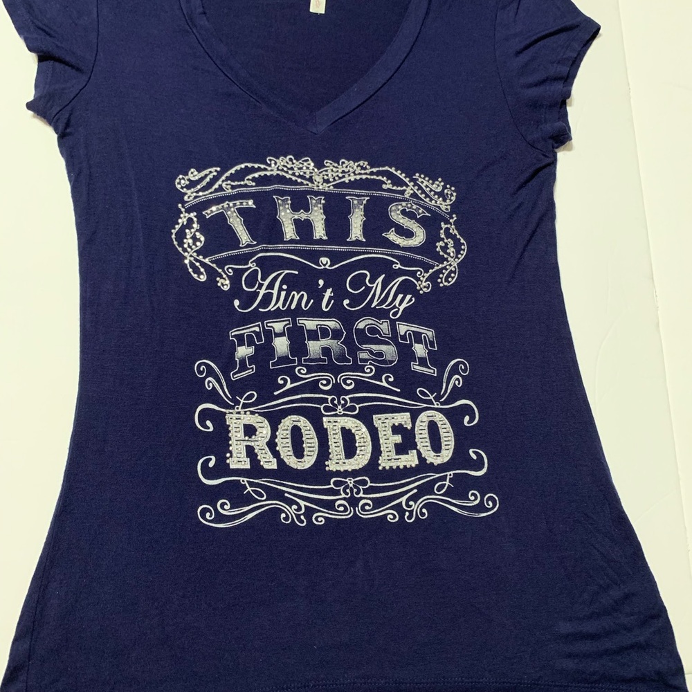 Navy Blue “This Ain’t My First Rodeo” Bling Tee – Y2K Ocasion L